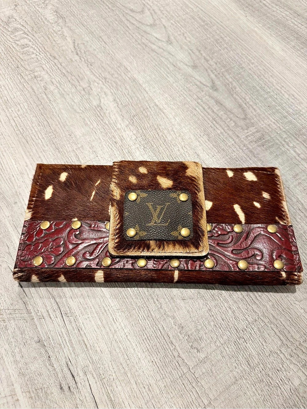 Upcycled Western Hair-On Hide Wallet in Brown & Red with LV logo